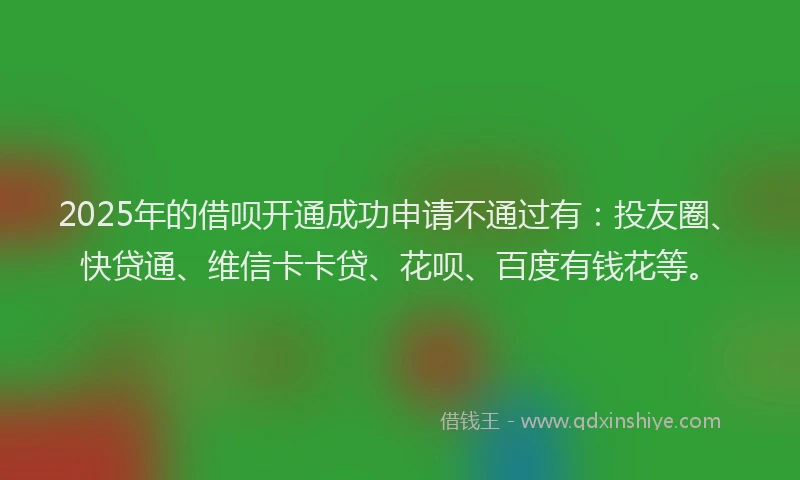 2025年的借呗开通成功申请不通过有：投友圈、快贷通、维信卡卡贷、花呗、百度有钱花等。