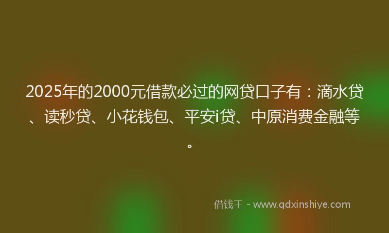 2025年的2000元借款必过的网贷口子有：滴水贷、读秒贷、小花钱包、平安i贷、中原消费金融等。