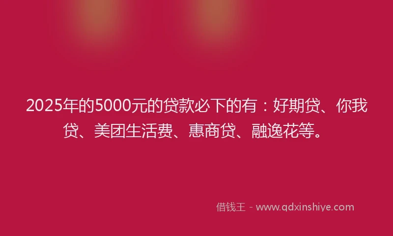 2025年的5000元的贷款必下的有：好期贷、你我贷、美团生活费、惠商贷、融逸花等。