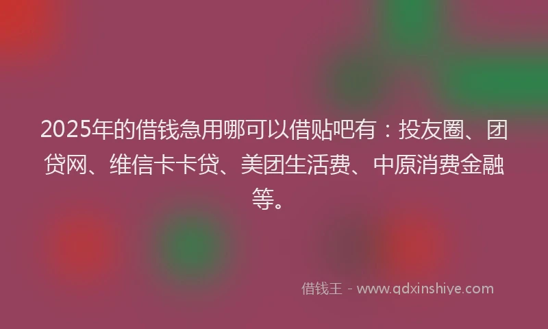 2025年的借钱急用哪可以借贴吧有：投友圈、团贷网、维信卡卡贷、美团生活费、中原消费金融等。