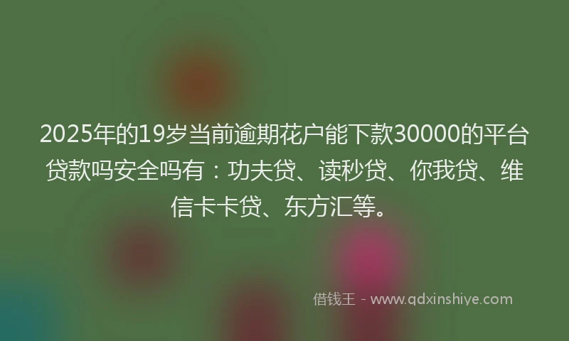 2025年的19岁当前逾期花户能下款30000的平台贷款吗安全吗有：功夫贷、读秒贷、你我贷、维信卡卡贷、东方汇等。