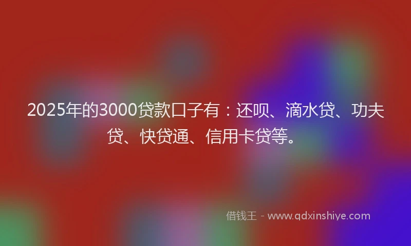 2025年的3000贷款口子有：还呗、滴水贷、功夫贷、快贷通、信用卡贷等。