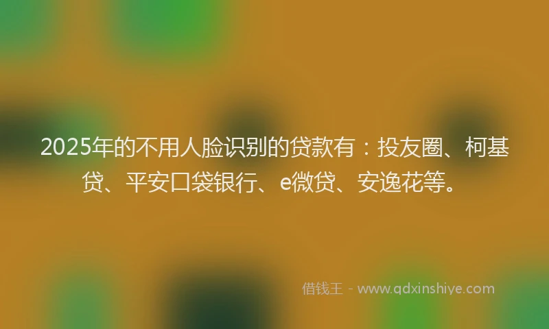 2025年的不用人脸识别的贷款有：投友圈、柯基贷、平安口袋银行、e微贷、安逸花等。