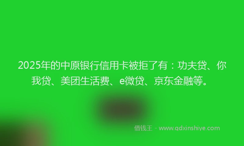 2025年的中原银行信用卡被拒了有：功夫贷、你我贷、美团生活费、e微贷、京东金融等。