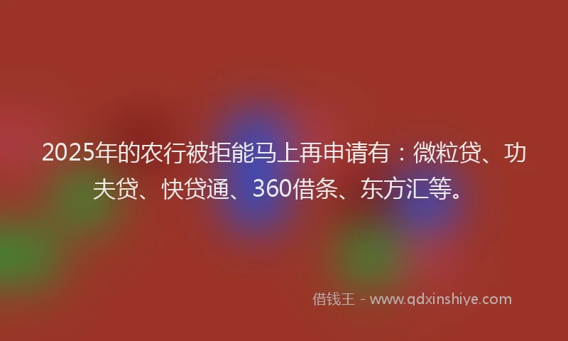 2025年的农行被拒能马上再申请有：微粒贷、功夫贷、快贷通、360借条、东方汇等。