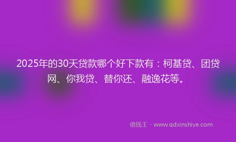 2025年的30天贷款哪个好下款有：柯基贷、团贷网、你我贷、替你还、融逸花等。