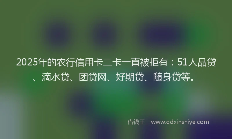 2025年的农行信用卡二卡一直被拒有：51人品贷、滴水贷、团贷网、好期贷、随身贷等。