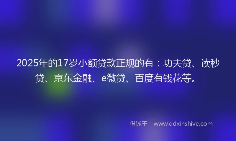 2025年的17岁小额贷款正规的有：功夫贷、读秒贷、京东金融、e微贷、百度有钱花等。