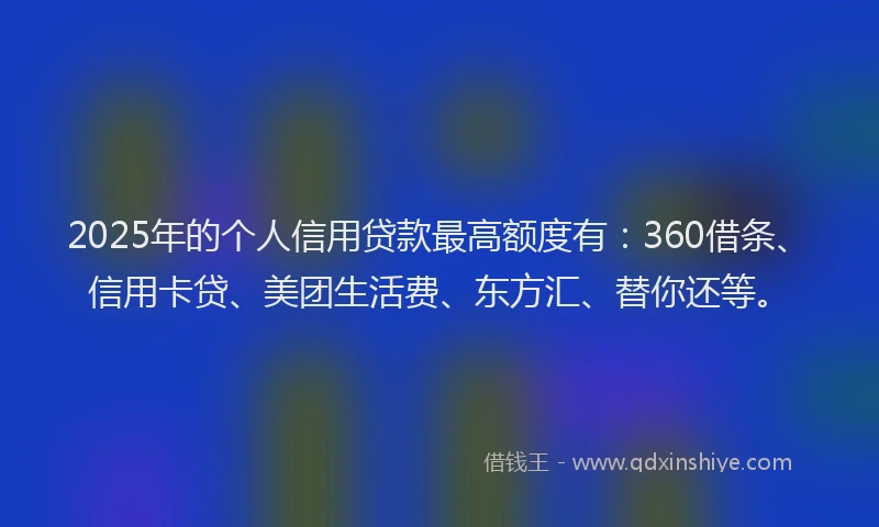 2025年的个人信用贷款最高额度有：360借条、信用卡贷、美团生活费、东方汇、替你还等。
