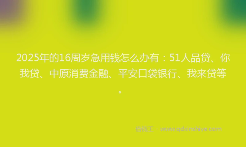 2025年的16周岁急用钱怎么办有：51人品贷、你我贷、中原消费金融、平安口袋银行、我来贷等。