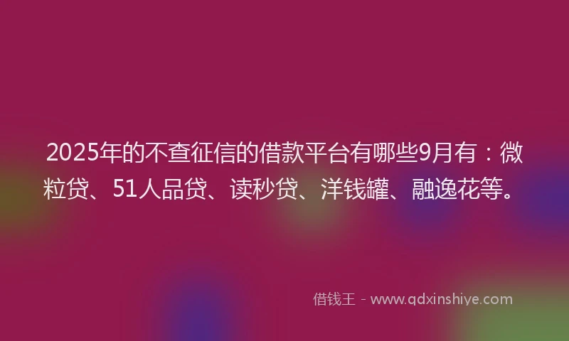 2025年的不查征信的借款平台有哪些9月有：微粒贷、51人品贷、读秒贷、洋钱罐、融逸花等。