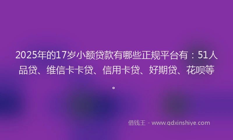2025年的17岁小额贷款有哪些正规平台有：51人品贷、维信卡卡贷、信用卡贷、好期贷、花呗等。