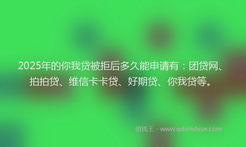 2025年的你我贷被拒后多久能申请有：团贷网、拍拍贷、维信卡卡贷、好期贷、你我贷等。
