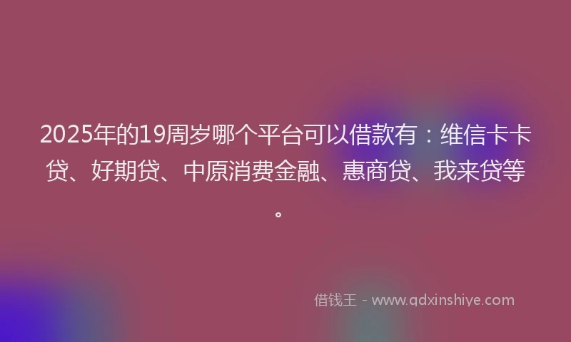 2025年的19周岁哪个平台可以借款有：维信卡卡贷、好期贷、中原消费金融、惠商贷、我来贷等。