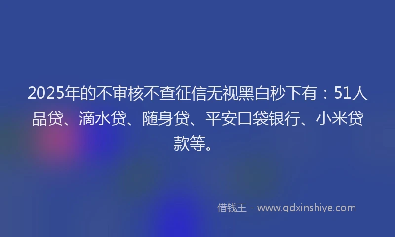 2025年的不审核不查征信无视黑白秒下有：51人品贷、滴水贷、随身贷、平安口袋银行、小米贷款等。