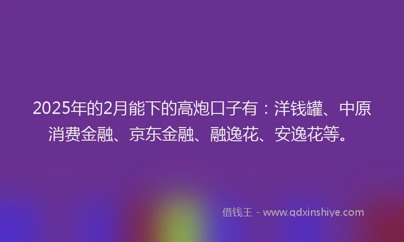 2025年的2月能下的高炮口子有：洋钱罐、中原消费金融、京东金融、融逸花、安逸花等。
