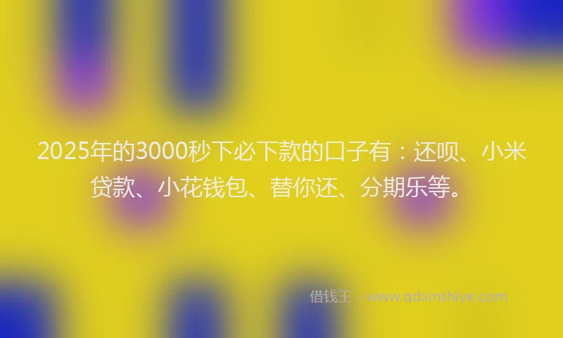2025年的3000秒下必下款的口子有：还呗、小米贷款、小花钱包、替你还、分期乐等。