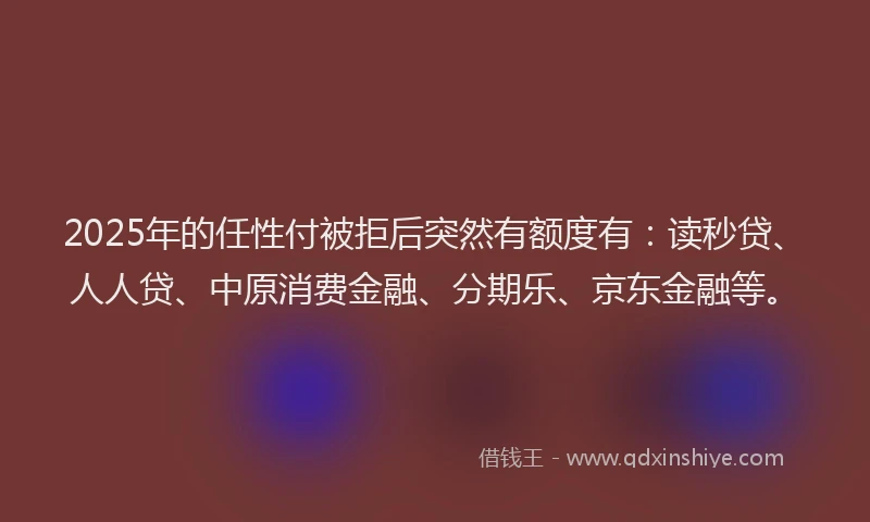 2025年的任性付被拒后突然有额度有：读秒贷、人人贷、中原消费金融、分期乐、京东金融等。