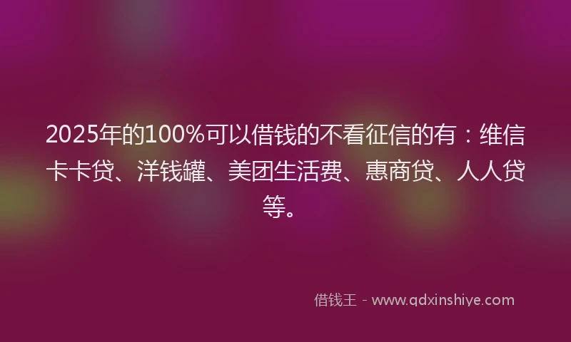 2025年的100%可以借钱的不看征信的有：维信卡卡贷、洋钱罐、美团生活费、惠商贷、人人贷等。