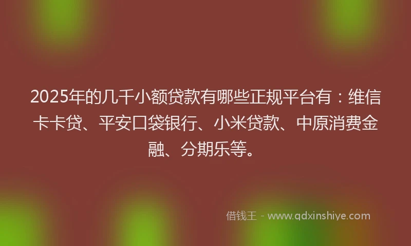 2025年的几千小额贷款有哪些正规平台有：维信卡卡贷、平安口袋银行、小米贷款、中原消费金融、分期乐等。