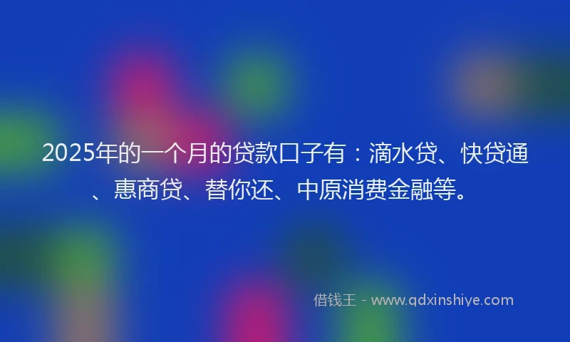 2025年的一个月的贷款口子有：滴水贷、快贷通、惠商贷、替你还、中原消费金融等。