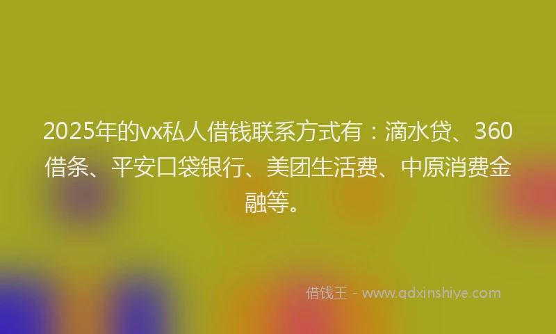 2025年的vx私人借钱联系方式有：滴水贷、360借条、平安口袋银行、美团生活费、中原消费金融等。