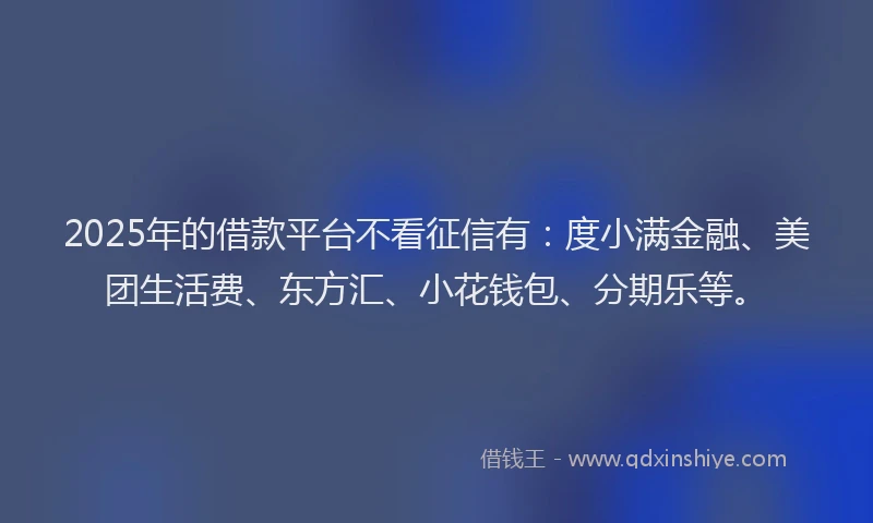 2025年的借款平台不看征信有：度小满金融、美团生活费、东方汇、小花钱包、分期乐等。
