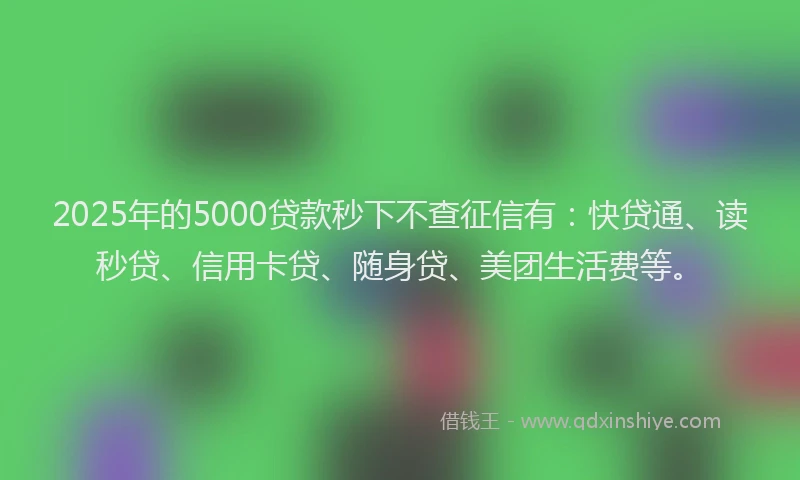 2025年的5000贷款秒下不查征信有：快贷通、读秒贷、信用卡贷、随身贷、美团生活费等。