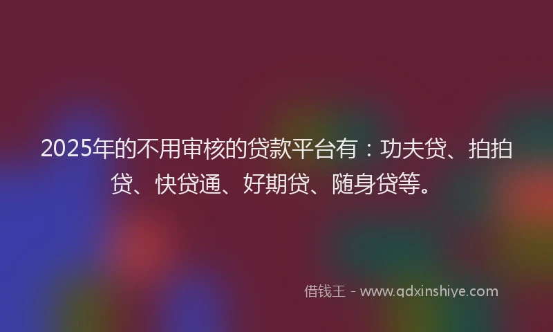 2025年的不用审核的贷款平台有：功夫贷、拍拍贷、快贷通、好期贷、随身贷等。