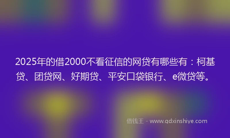 2025年的借2000不看征信的网贷有哪些有：柯基贷、团贷网、好期贷、平安口袋银行、e微贷等。