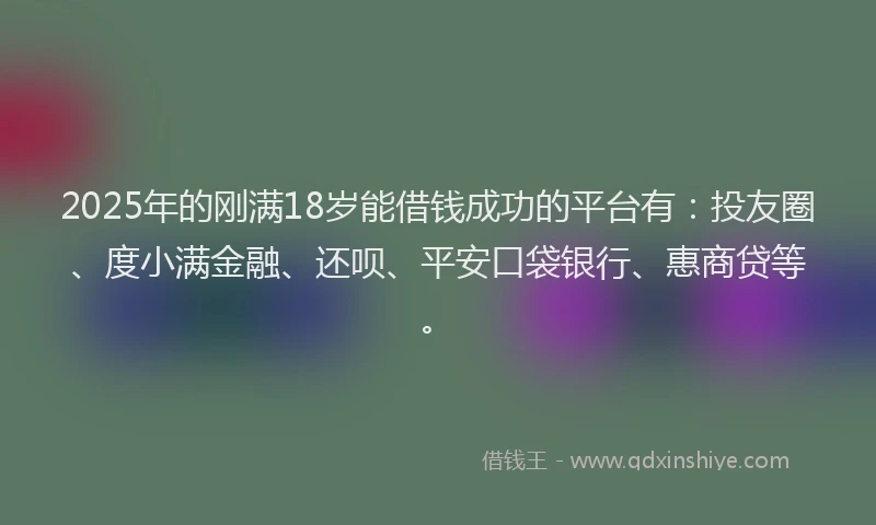 2025年的刚满18岁能借钱成功的平台有：投友圈、度小满金融、还呗、平安口袋银行、惠商贷等。