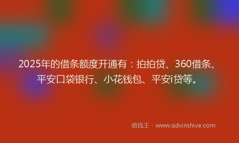 2025年的借条额度开通有：拍拍贷、360借条、平安口袋银行、小花钱包、平安i贷等。