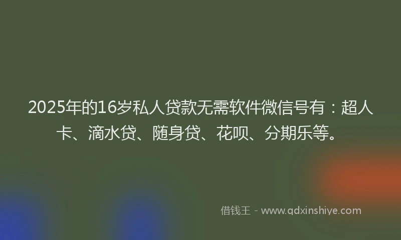 2025年的16岁私人贷款无需软件微信号有：超人卡、滴水贷、随身贷、花呗、分期乐等。
