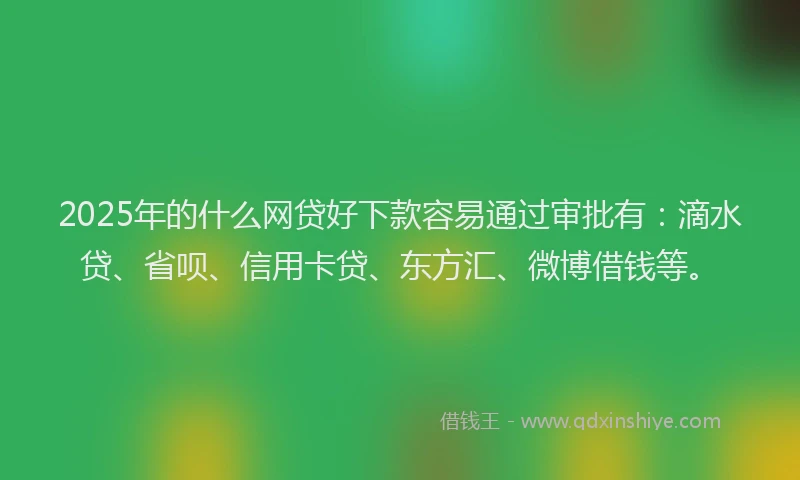 2025年的什么网贷好下款容易通过审批有：滴水贷、省呗、信用卡贷、东方汇、微博借钱等。