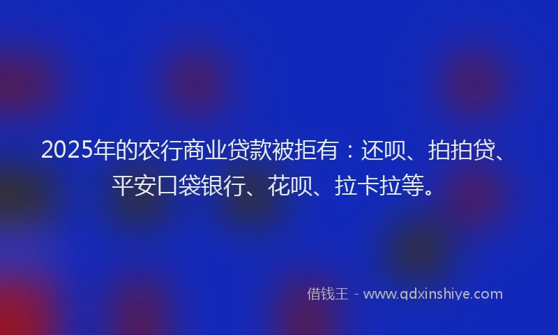 2025年的农行商业贷款被拒有：还呗、拍拍贷、平安口袋银行、花呗、拉卡拉等。