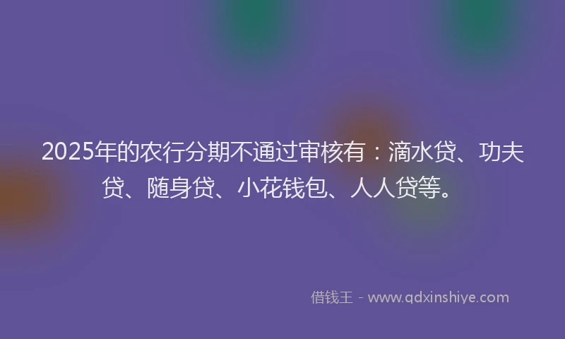 2025年的农行分期不通过审核有：滴水贷、功夫贷、随身贷、小花钱包、人人贷等。