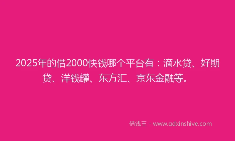 2025年的借2000快钱哪个平台有：滴水贷、好期贷、洋钱罐、东方汇、京东金融等。
