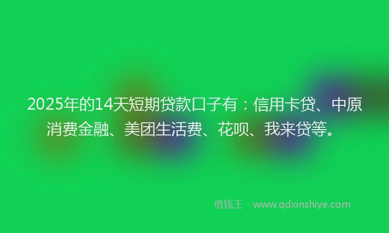 2025年的14天短期贷款口子有：信用卡贷、中原消费金融、美团生活费、花呗、我来贷等。