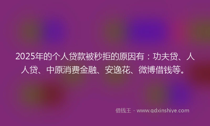 2025年的个人贷款被秒拒的原因有：功夫贷、人人贷、中原消费金融、安逸花、微博借钱等。