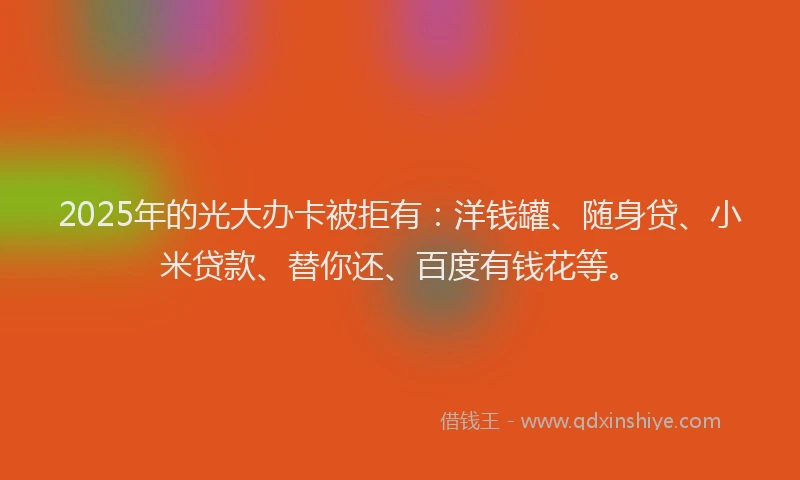 2025年的光大办卡被拒有：洋钱罐、随身贷、小米贷款、替你还、百度有钱花等。