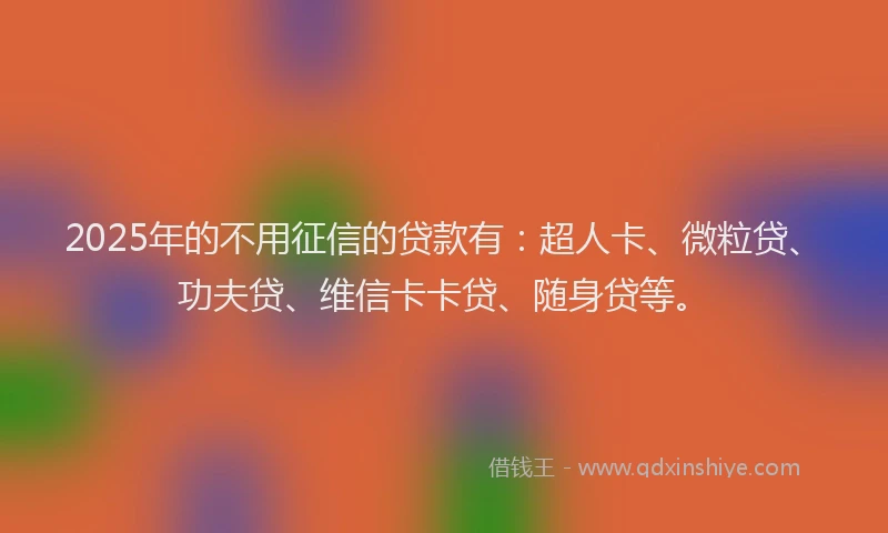 2025年的不用征信的贷款有：超人卡、微粒贷、功夫贷、维信卡卡贷、随身贷等。