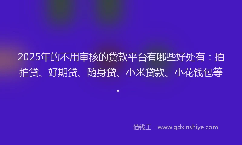 2025年的不用审核的贷款平台有哪些好处有：拍拍贷、好期贷、随身贷、小米贷款、小花钱包等。