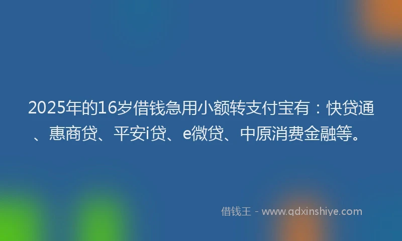 2025年的16岁借钱急用小额转支付宝有：快贷通、惠商贷、平安i贷、e微贷、中原消费金融等。