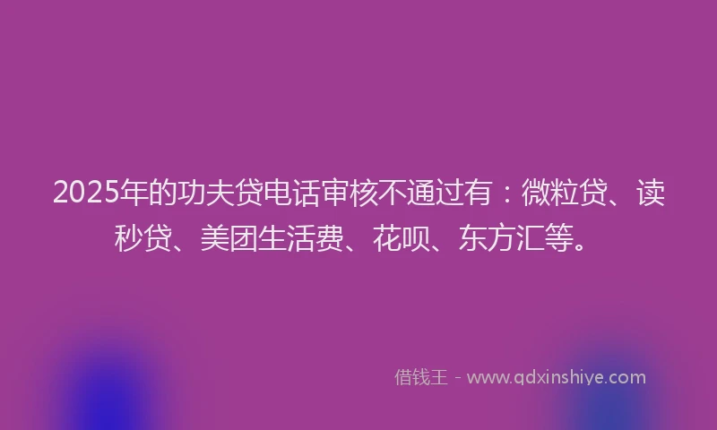2025年的功夫贷电话审核不通过有：微粒贷、读秒贷、美团生活费、花呗、东方汇等。