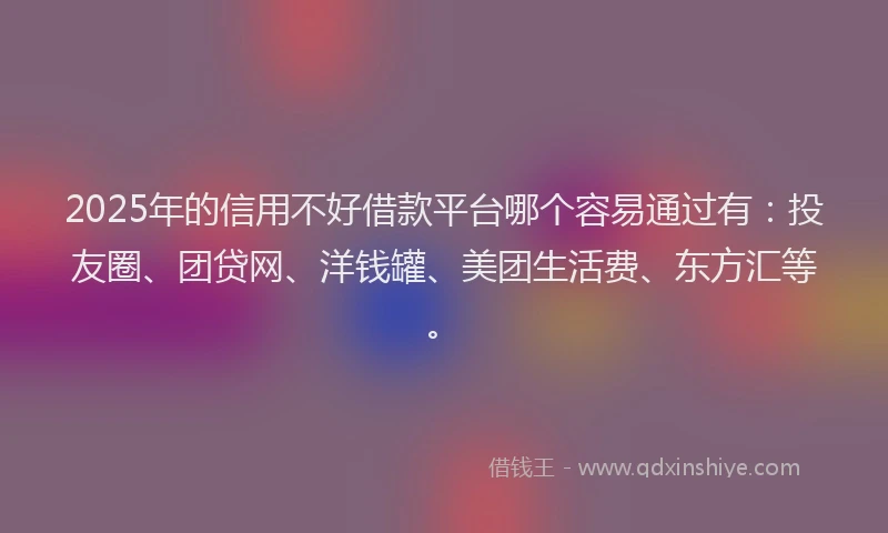 2025年的信用不好借款平台哪个容易通过有：投友圈、团贷网、洋钱罐、美团生活费、东方汇等。