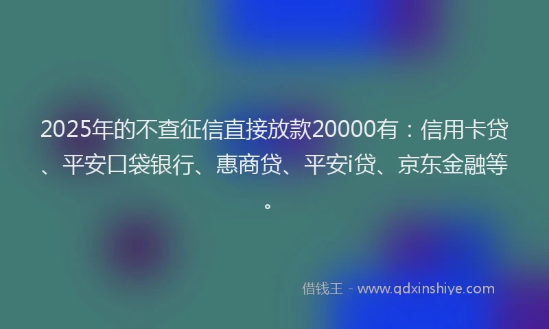 2025年的不查征信直接放款20000有：信用卡贷、平安口袋银行、惠商贷、平安i贷、京东金融等。