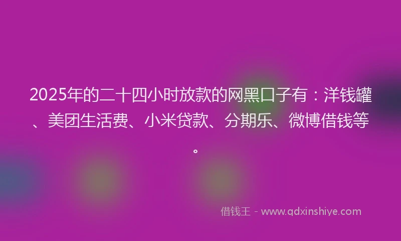 2025年的二十四小时放款的网黑口子有：洋钱罐、美团生活费、小米贷款、分期乐、微博借钱等。