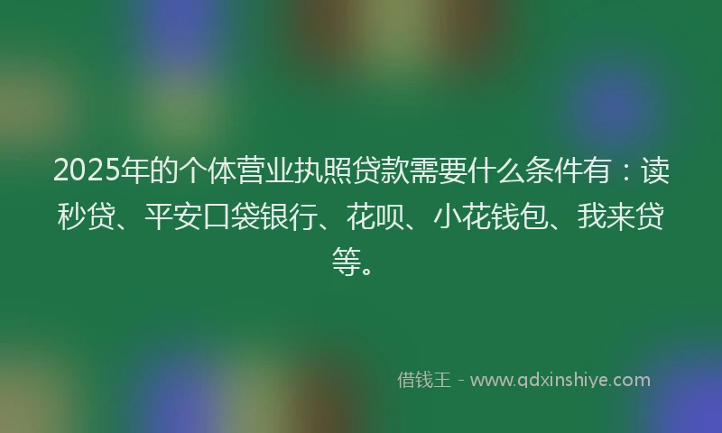 2025年的个体营业执照贷款需要什么条件有：读秒贷、平安口袋银行、花呗、小花钱包、我来贷等。