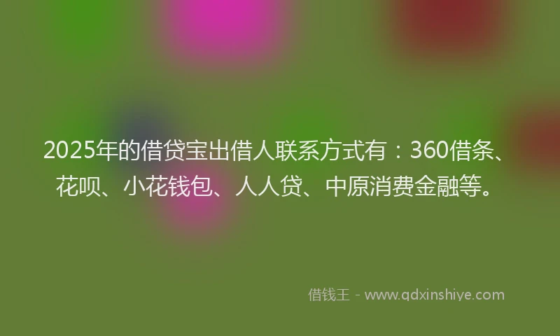 2025年的借贷宝出借人联系方式有：360借条、花呗、小花钱包、人人贷、中原消费金融等。