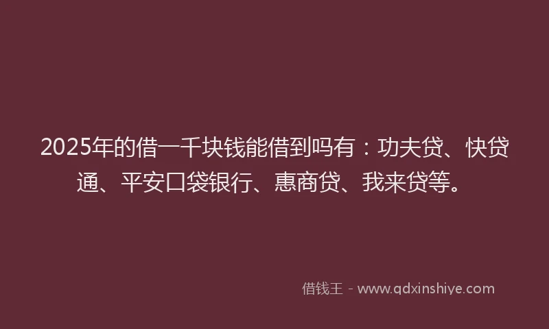 2025年的借一千块钱能借到吗有：功夫贷、快贷通、平安口袋银行、惠商贷、我来贷等。